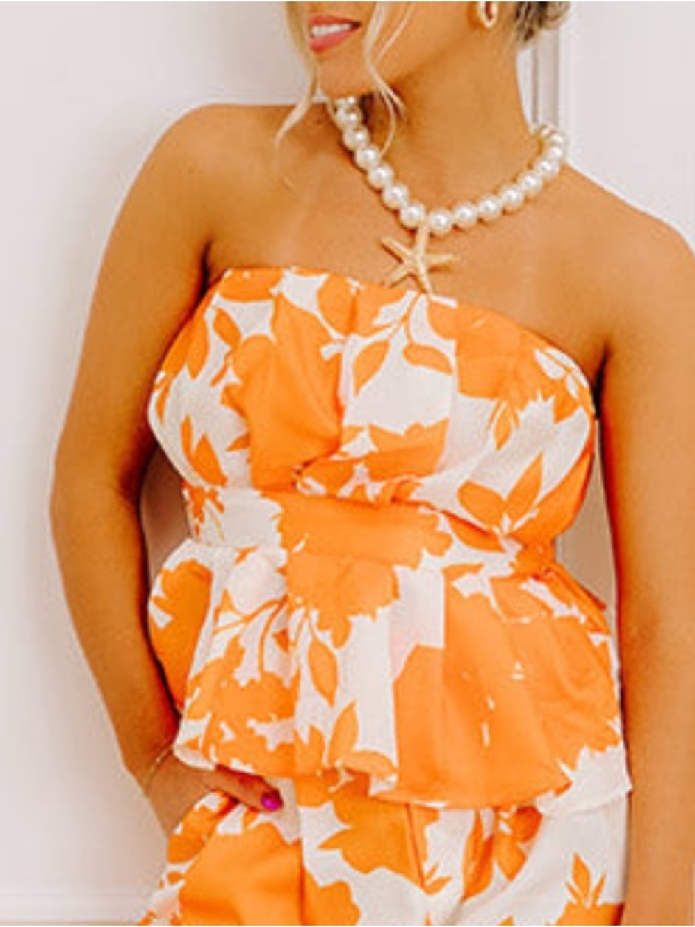Flying tomato Strapless Orange & White Floral Peplum Top